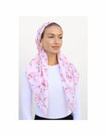 Pink floral pre-tied headscarf with velvet grip, draped around head and neck