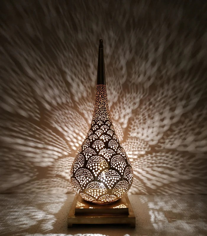 Moroccan Brass Table Lamp in Drop Format - Peafowl