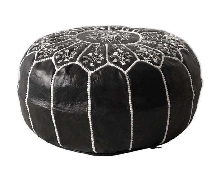 Moroccan Leather Ottoman - Black - Flowers