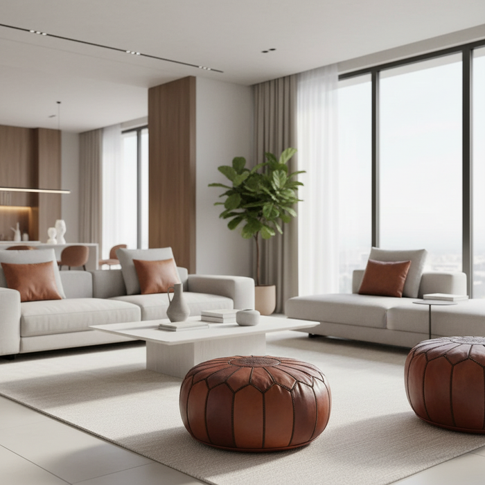 Moroccan Ottoman - Leather - Cinnamon Brown