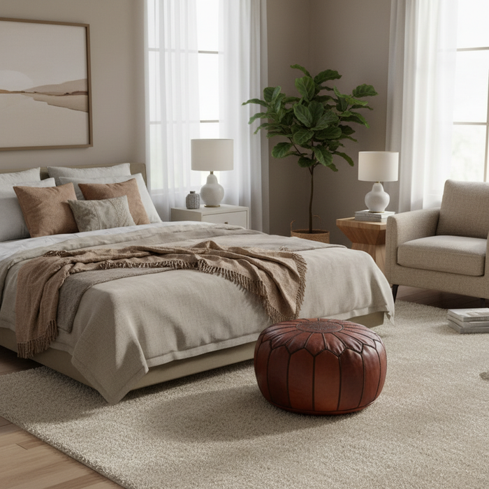 Moroccan Ottoman - Leather - Cinnamon Brown