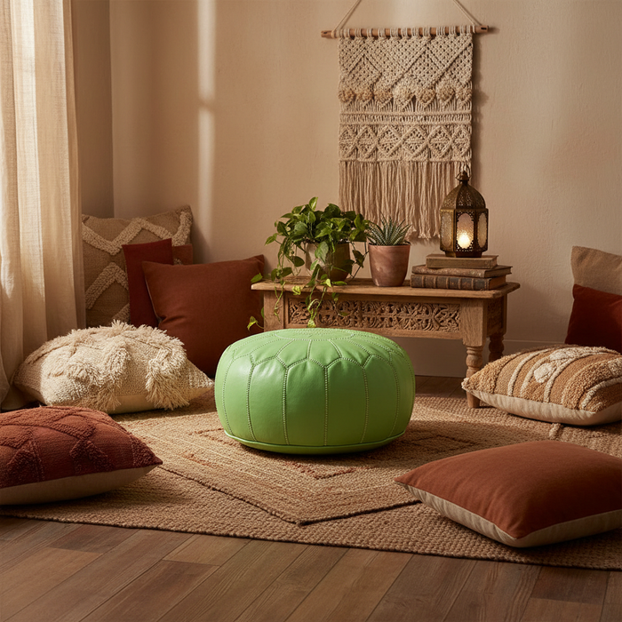 Moroccan Leather Ottoman Banner - Pistachio Bohemian