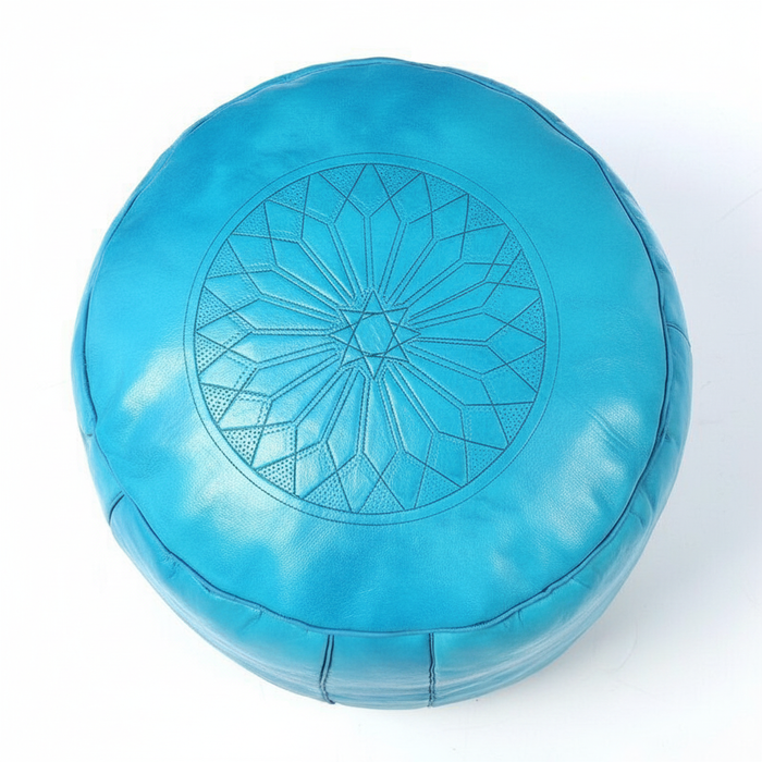 Turquoise Moroccan leather tabouret pouf - top view