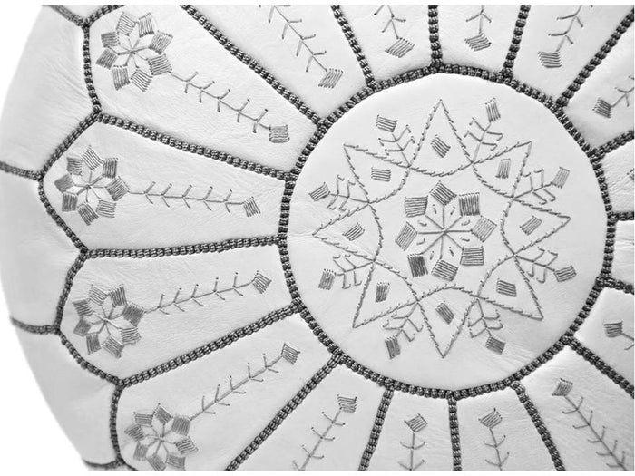 Moroccan Leather Ottoman - White & Grey - Flowers