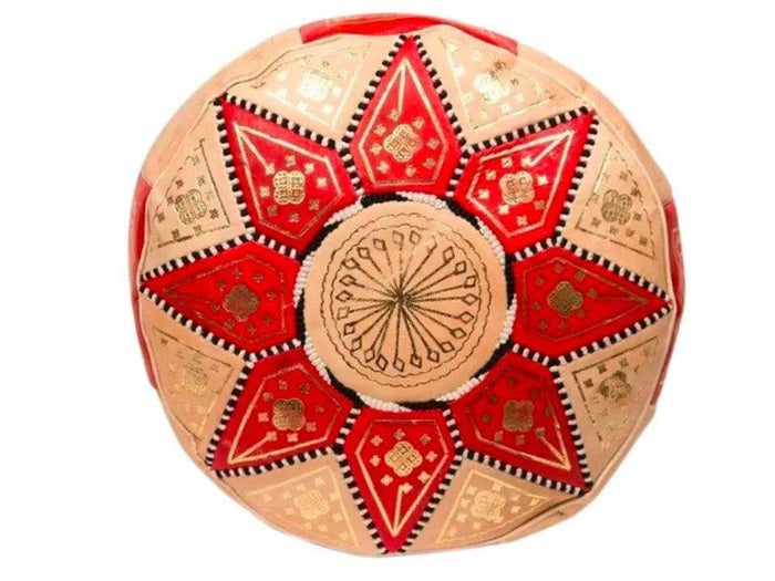 Moroccan Leather Ottoman / Stormia - Colr Block Red & Undyed