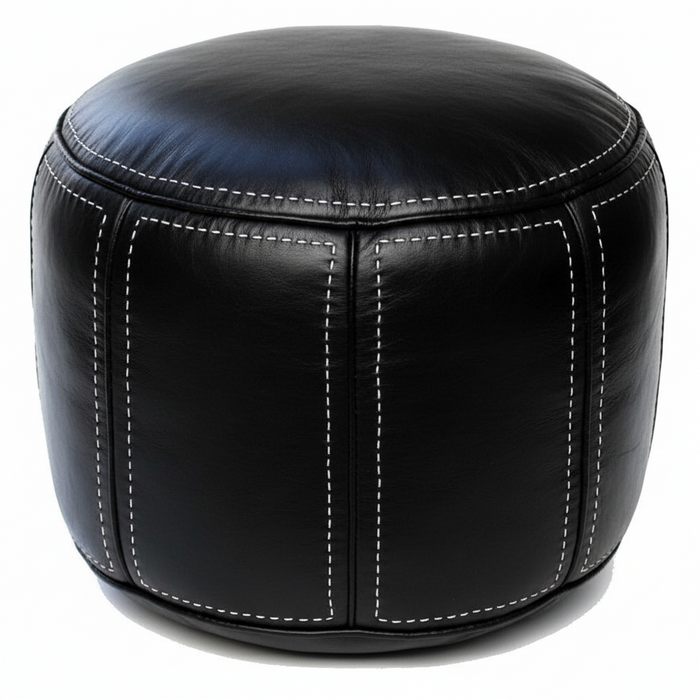 Moroccan Leather Pouf / Ottoman - Round - Black - Aya