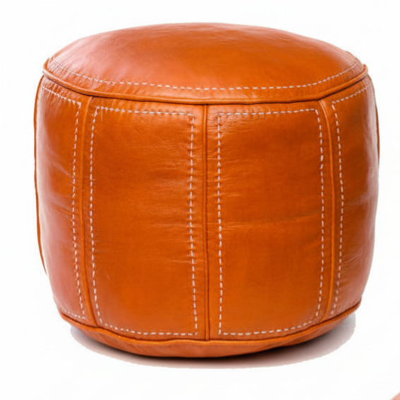 Moroccan Leather Pouf / Ottoman - Round - Orange - Aya