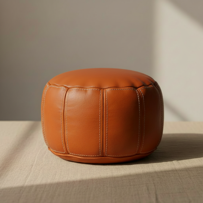 Moroccan Leather Pouf - Orange