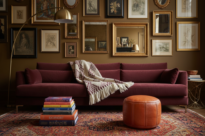 A styled living room scene featuring a deep burgundy velvet sofa as the main product, decorated with a cream throw blanket. The sofa is set against a dark brown wall covered in framed art, with a leather pouf, a stack of books, and a patterned rug in the foreground.