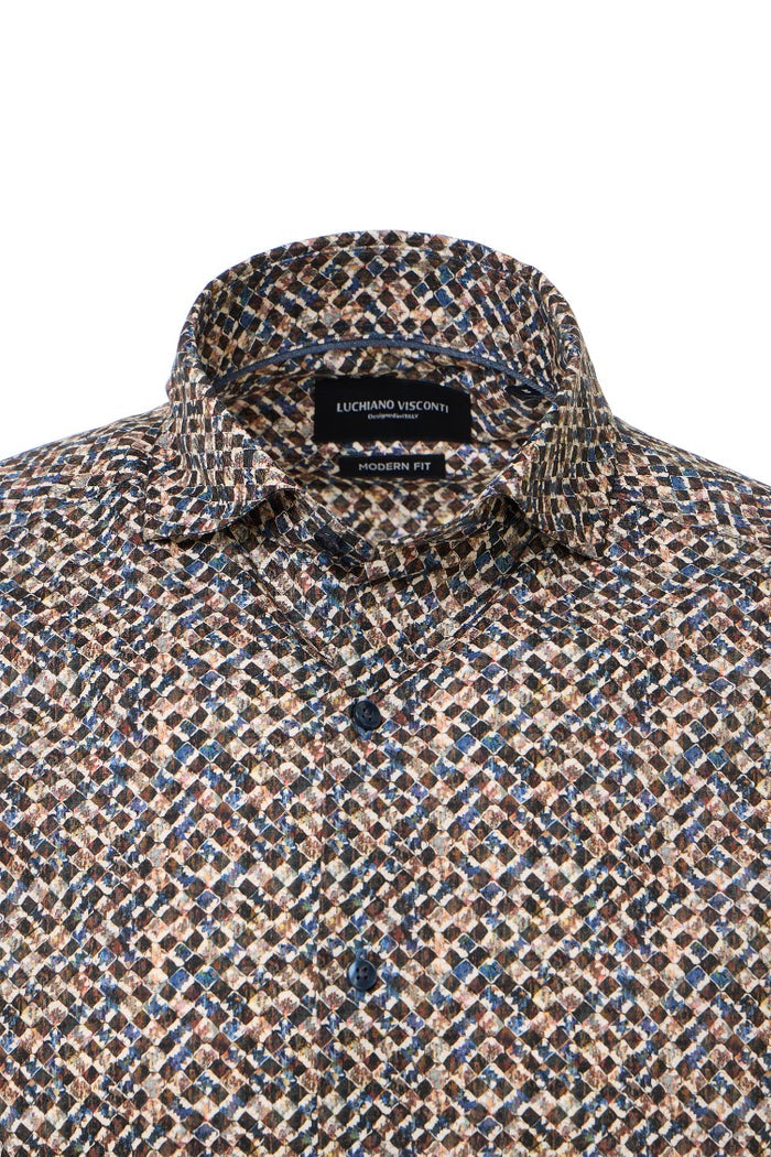 Multi Diamond Splash Geo Print Button Down Shirt