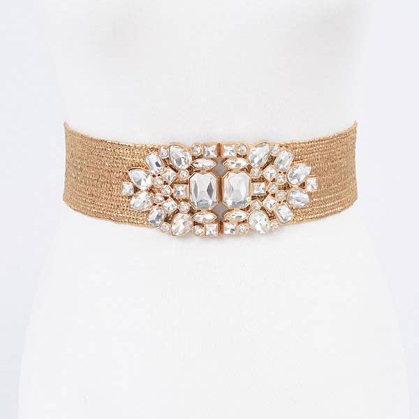Multi Stone Gold Metallic Straw Stretch Plus Size Belt