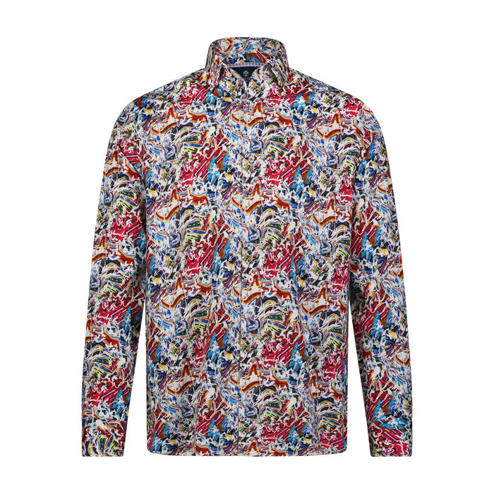 A long sleeve multicolor geometric graffiti print shirt.