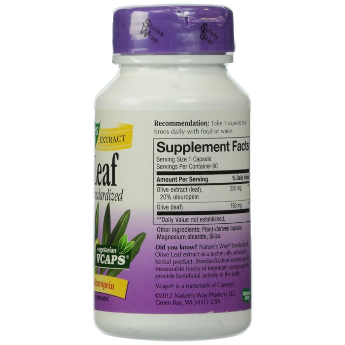 Nature's Way Olive Leaf 20% Oleuropein - 60 Vcaps - Supplement Facts panel