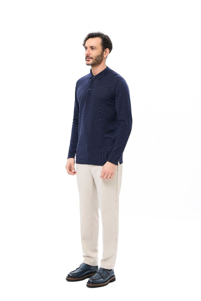 Navy 3-Button Tencel Long Sleeve Polo