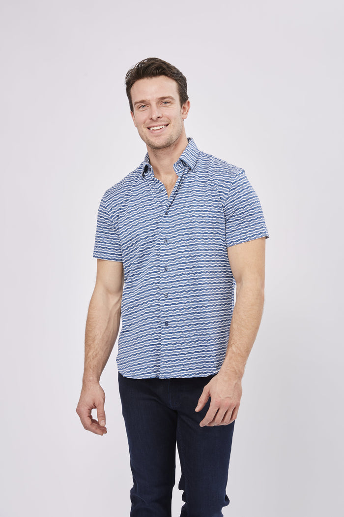 Navy and Blue Swiggle Stripe Short Sleeve Jersey Knit