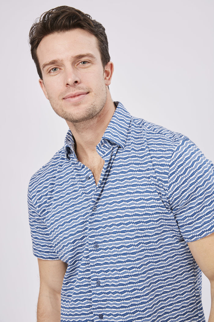 Navy and Blue Swiggle Stripe Short Sleeve Jersey Knit