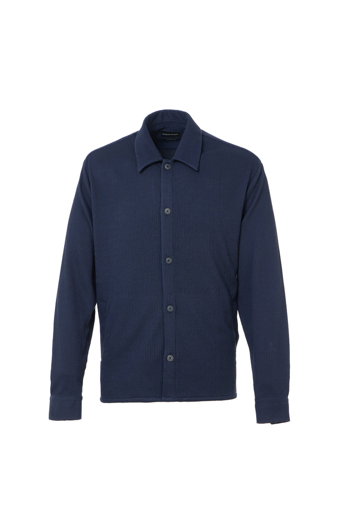 Navy blue button-up shirt on a white background