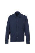 Navy blue button-up shirt on a white background