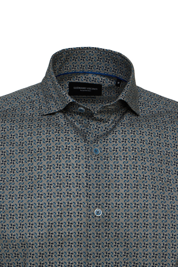 Navy, Grey & Blue Geo Print Button Down Shirt
