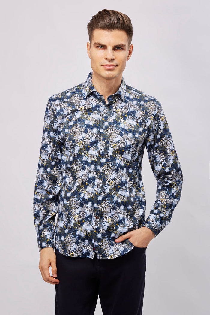 Navy with White Checks, Boxes, and Circles Shirt