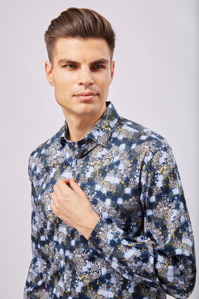 Navy with White Checks, Boxes, and Circles Shirt