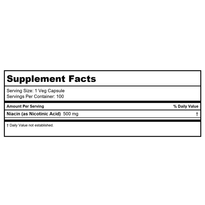 Now Foods Niacin 500 mg 100 Capsules - 0481 - 4 Pack - Supplement Facts panel