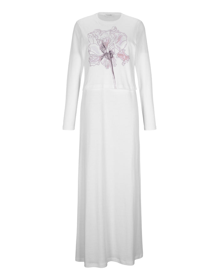 White nursing bolero nightgown with long sleeves and purple floral motif on the bodice