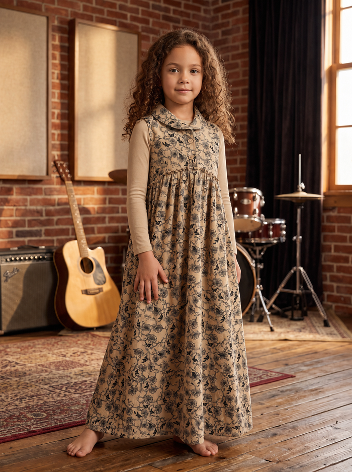 Oat floral corduroy jumper dress set with matching long sleeve shell.