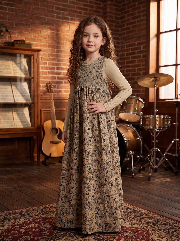Oat floral smocked corduroy maxi jumper dress set with matching long sleeve shell.