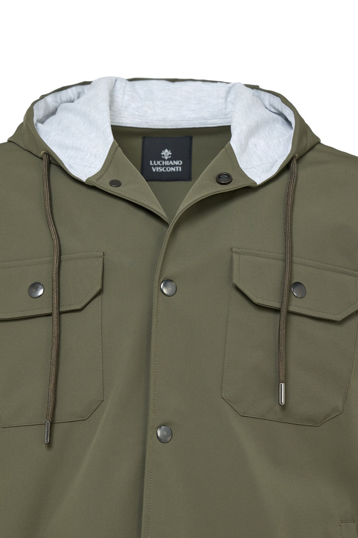 Olive Snap Overshirt with Technical Hoodie