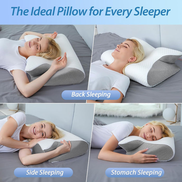 Coussin cervical Comfort Cloud d'Amazon, forme ergonomique pour un soutien doux du cou, en tissu respirant blanc.