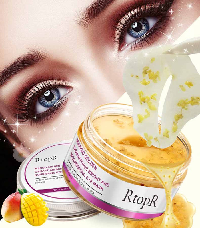 Masque pour les yeux à la mangue et Osmanthus de soin nourrissant, anti-cernes, anti-puffiness et anti-âge, texture crémeuse.