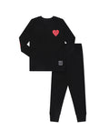 Kids black long-sleeve pajama set with red heart patch, matching pants