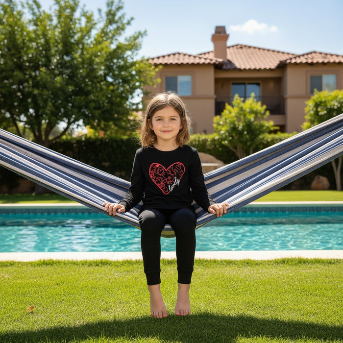 Girls' black long-sleeve pajama set with red heart graphic and leggings