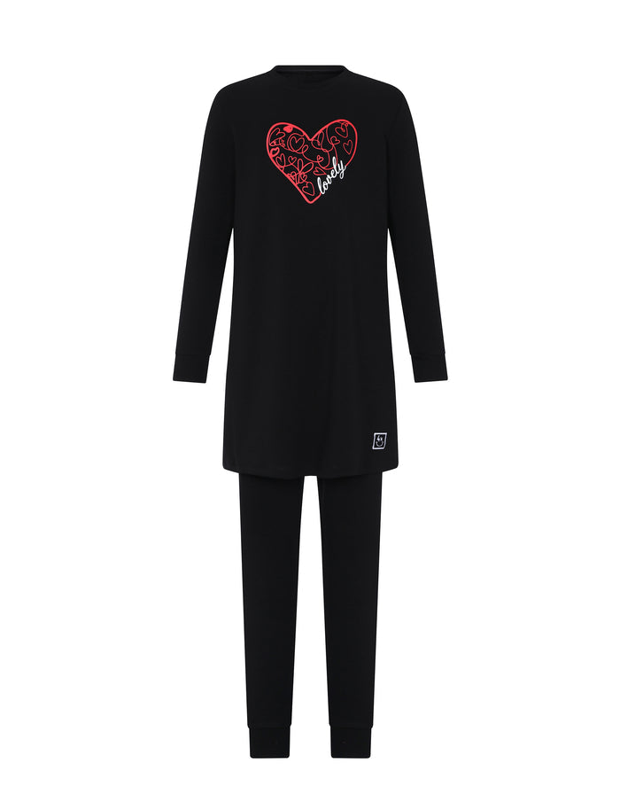 Black long-sleeve tunic set with red heart doodle graphic and matching joggers