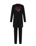 Black long-sleeve tunic set with red heart doodle graphic and matching joggers