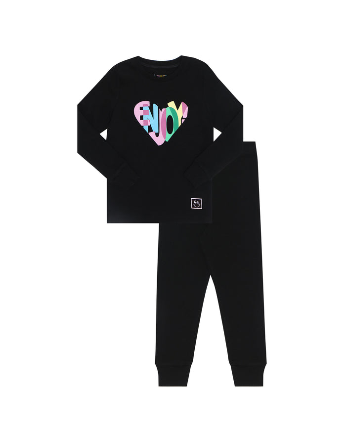 Kids black cotton pajama set with long-sleeve top and matching leggings, heart Enjoy graphic