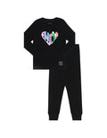 Kids black cotton pajama set with long-sleeve top and matching leggings, heart Enjoy graphic