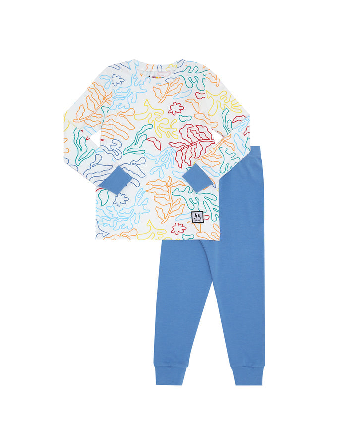 Kids pajama set with colorful leaf-print long-sleeve top and solid blue leggings