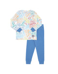 Kids pajama set with colorful leaf-print long-sleeve top and solid blue leggings