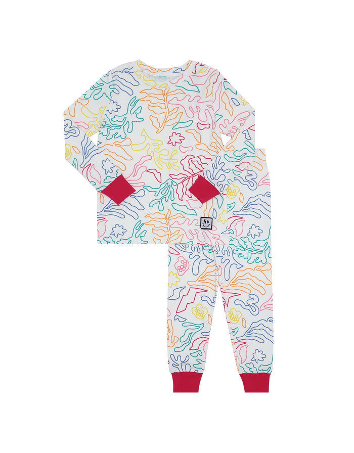 Kids pajama set with colorful line leaf print, long sleeve top and leggings, pink cuffs