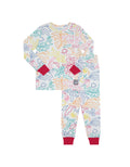 Kids pajama set with colorful line leaf print, long sleeve top and leggings, pink cuffs