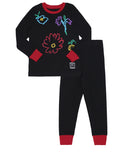 Kids black pajama set with fuzzy flower prints, red trim, long-sleeve top and leggings