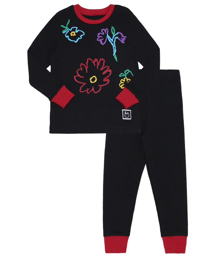 Kids black pajama set with fuzzy flower prints, red trim, long-sleeve top and leggings