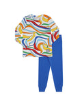 Kids pajama set with long-sleeve swirl-print top and blue leggings