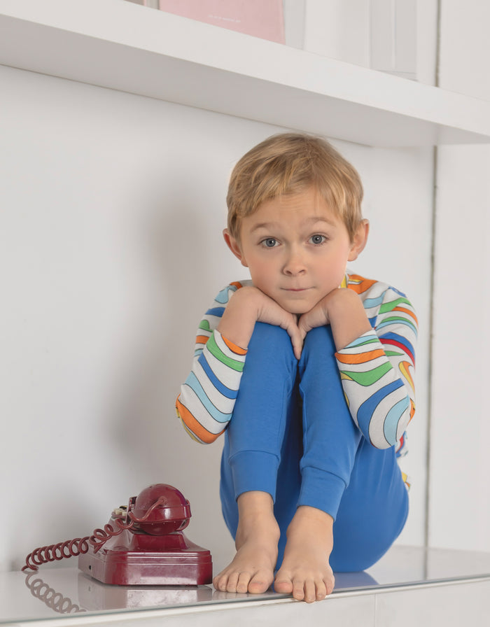 Kids pajama leggings set: multicolor swirl long-sleeve top with blue pants