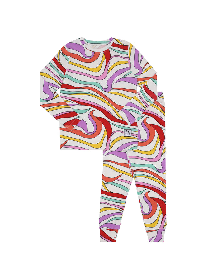 Kids pajama set: long-sleeve top and leggings, pink multicolor swirl print