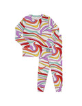 Kids pajama set: long-sleeve top and leggings, pink multicolor swirl print