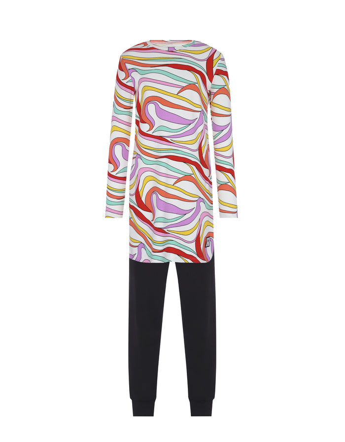 Kids tunic pajama set with long-sleeve multicolor kaleidoscope print and black leggings