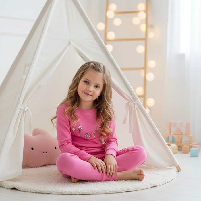 Kids pink long-sleeve pajama set with mushroom graphic, crew neckline and matching pants